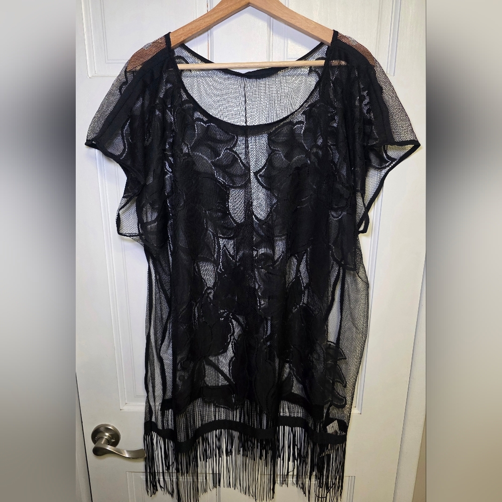 Cruise Club Black Sheer Fringe Swim Beach Bathing Suit Cover Up NWT